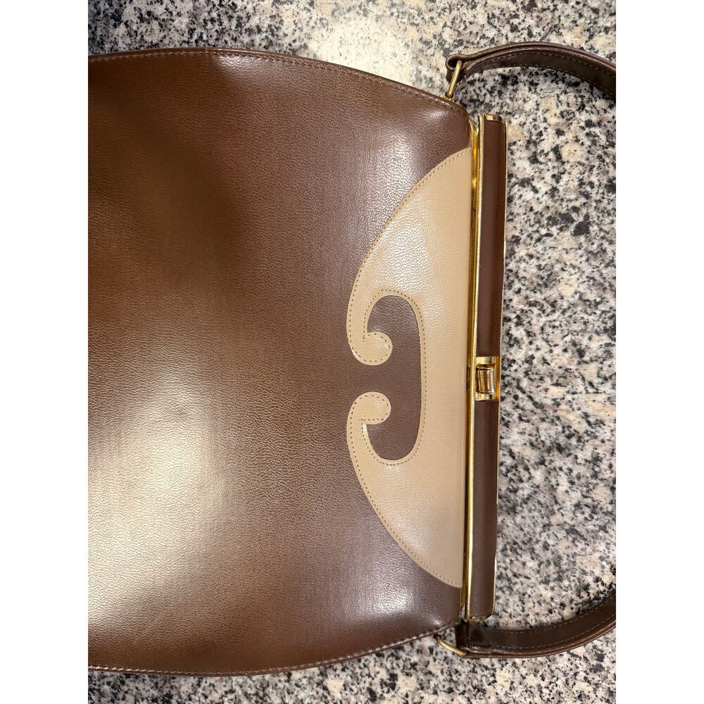 Vintage 1950s Brown & Cream Structured Top Handle Handbag - Picture 4 of 13
